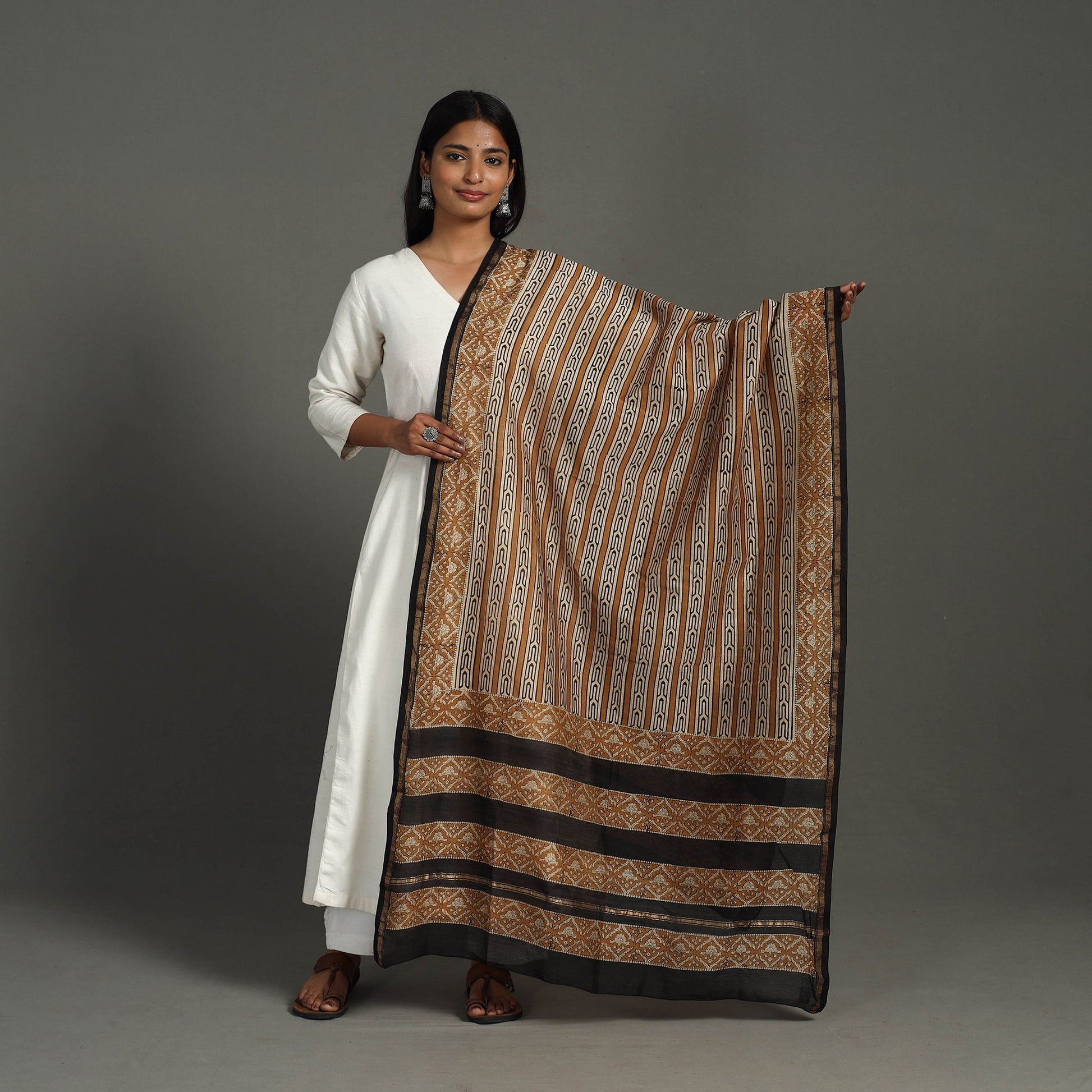Brown - Handloom Block Print Chanderi Silk Bagru Dupatta 25