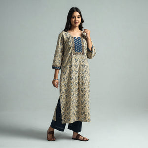 Beige - Pedana Kalamkari Block Printed Cotton Kurta with Palazzo Set