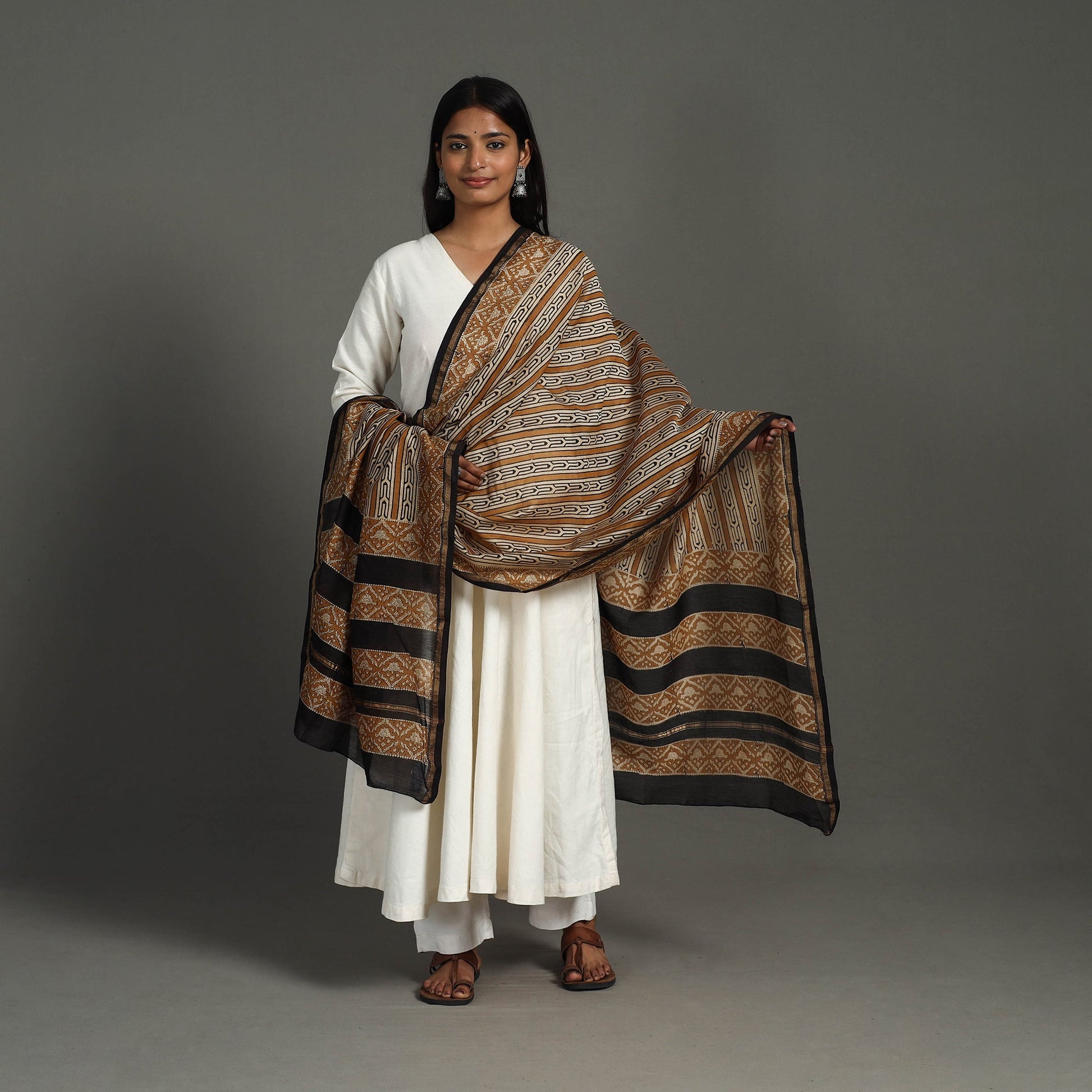 Brown - Handloom Block Print Chanderi Silk Bagru Dupatta 25