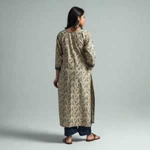 Beige - Pedana Kalamkari Block Printed Cotton Kurta with Palazzo Set