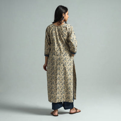 Beige - Pedana Kalamkari Block Printed Cotton Kurta with Palazzo Set