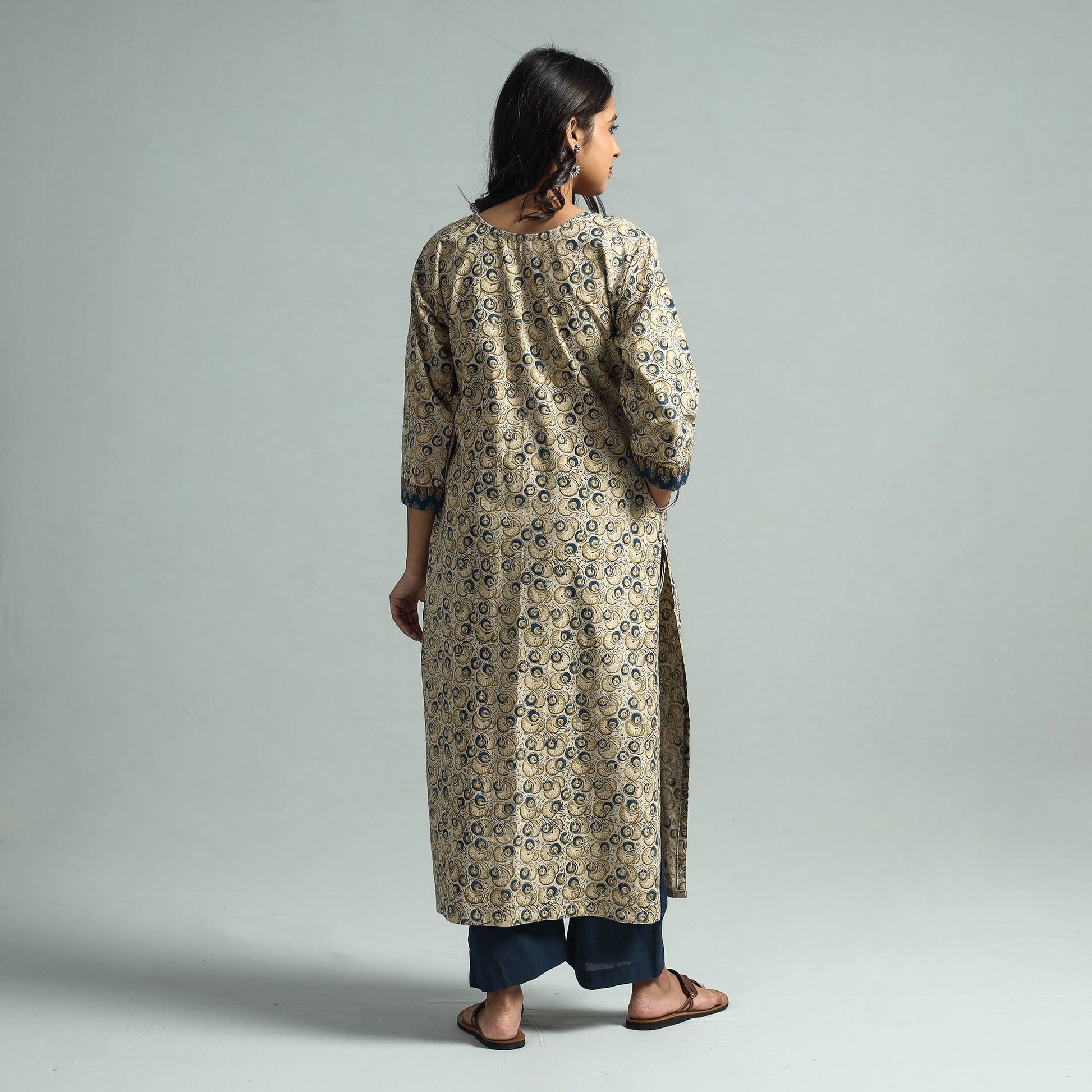 Beige - Pedana Kalamkari Block Printed Cotton Kurta with Palazzo Set