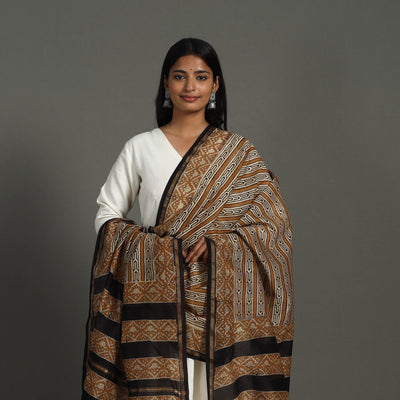 Brown - Handloom Block Print Chanderi Silk Bagru Dupatta 25