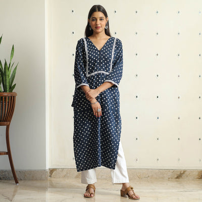 Blue - Bandhani Tie-dye Cotton Straight Kurta 08