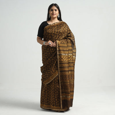 Brown - Akola Hand Block Printed Chanderi Silk Saree with Zari Border