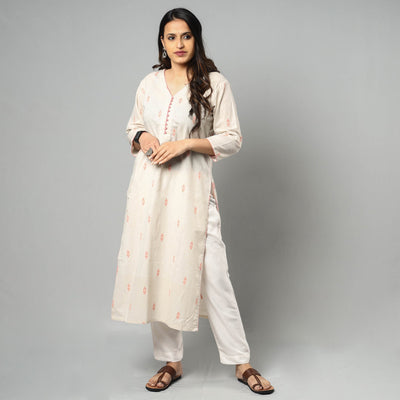 Beige - Jacquard Cotton Straight Kurta 14