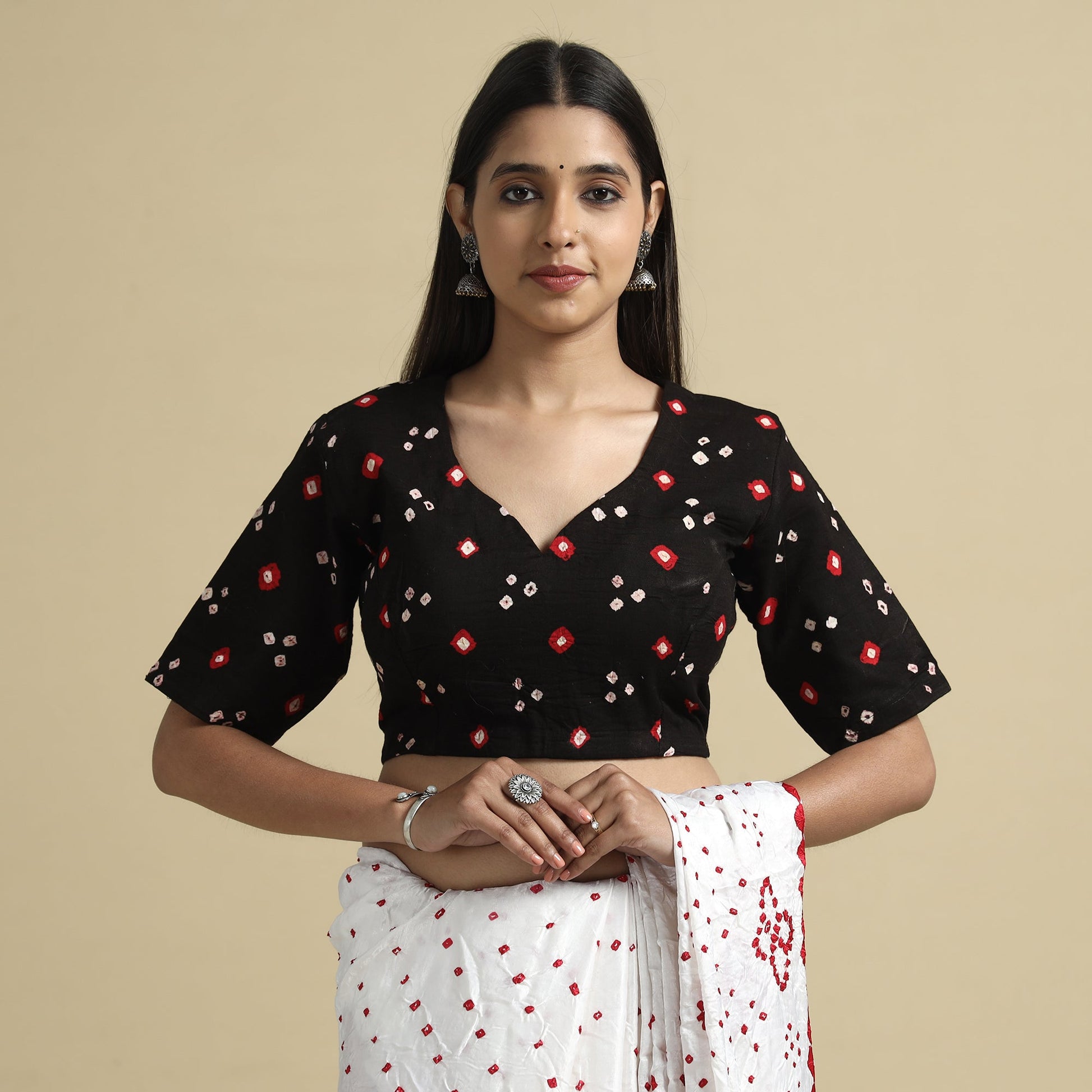 Black - Bandhani Tie-Dye Cotton Stitched Blouse