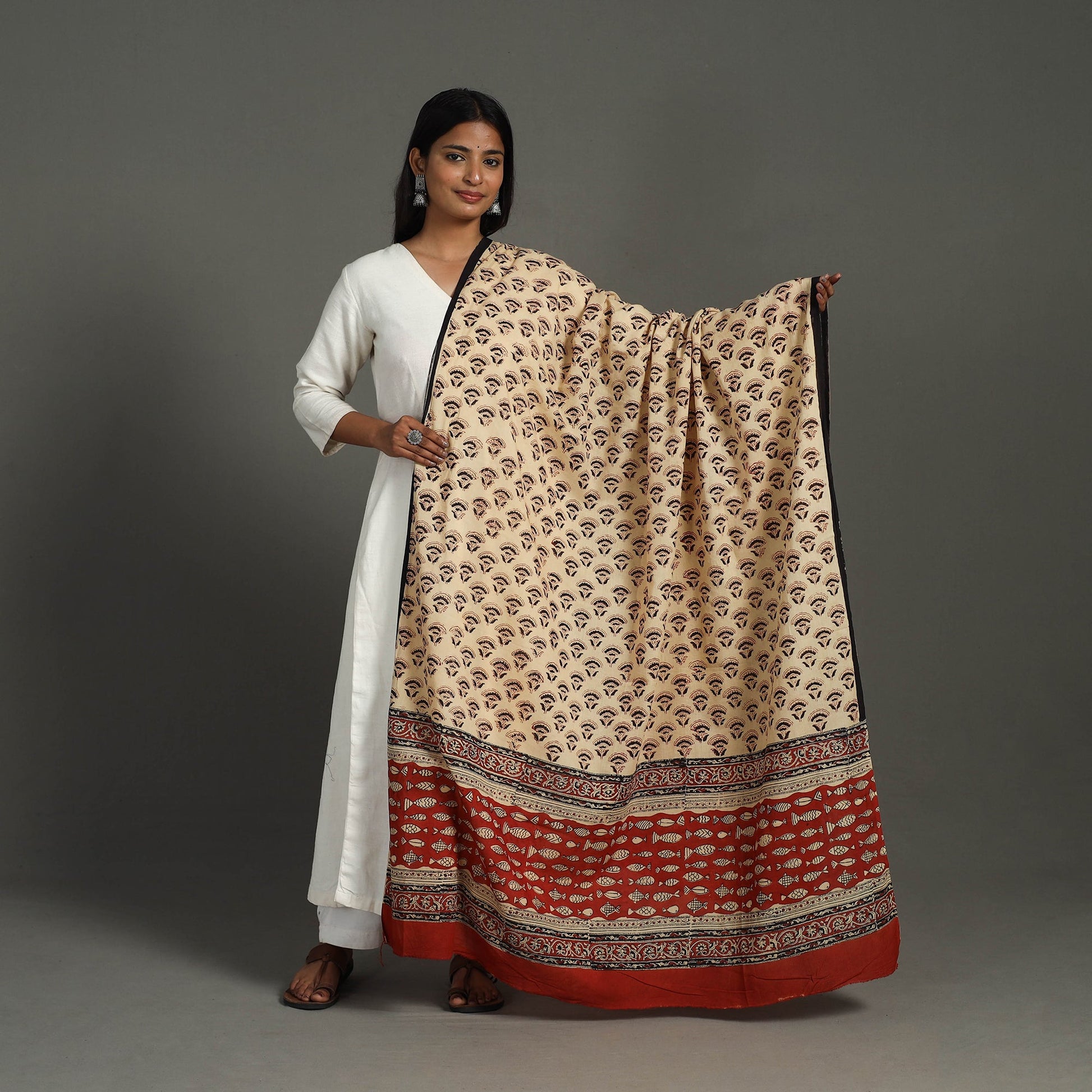 Beige - Block Print Mul Cotton Bagru Dupatta 29
