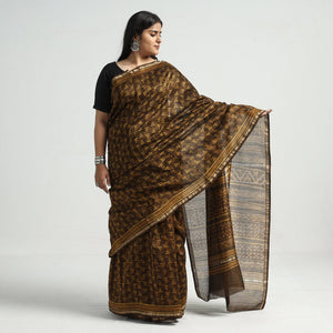 Brown - Akola Hand Block Printed Chanderi Silk Saree with Zari Border