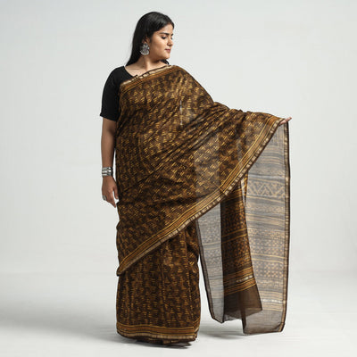 Brown - Akola Hand Block Printed Chanderi Silk Saree with Zari Border