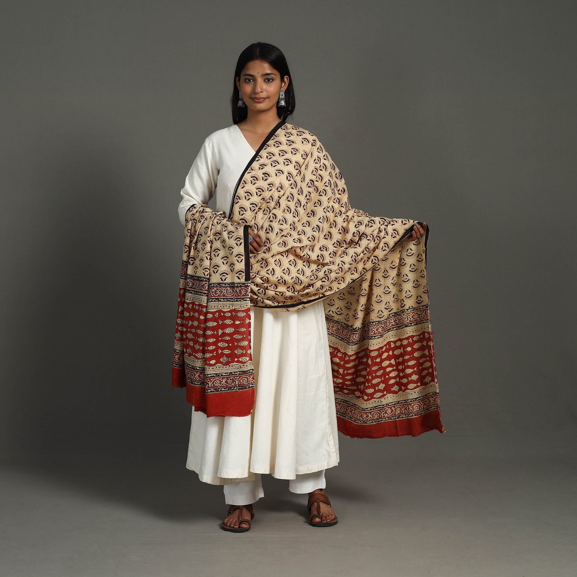 Beige - Block Print Mul Cotton Bagru Dupatta 29