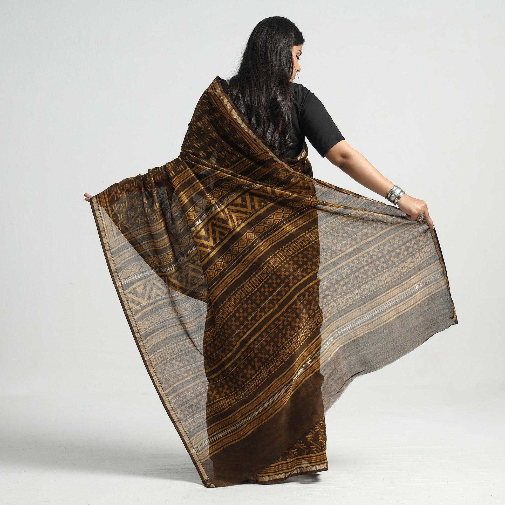 Brown - Akola Hand Block Printed Chanderi Silk Saree with Zari Border