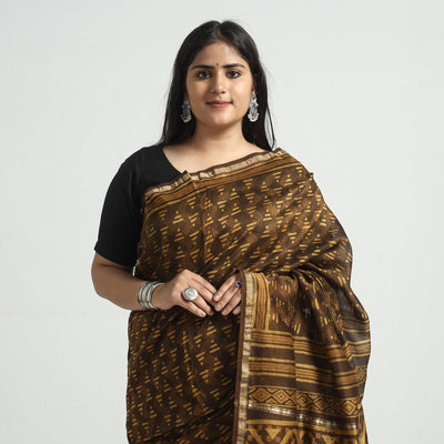 Brown - Akola Hand Block Printed Chanderi Silk Saree with Zari Border