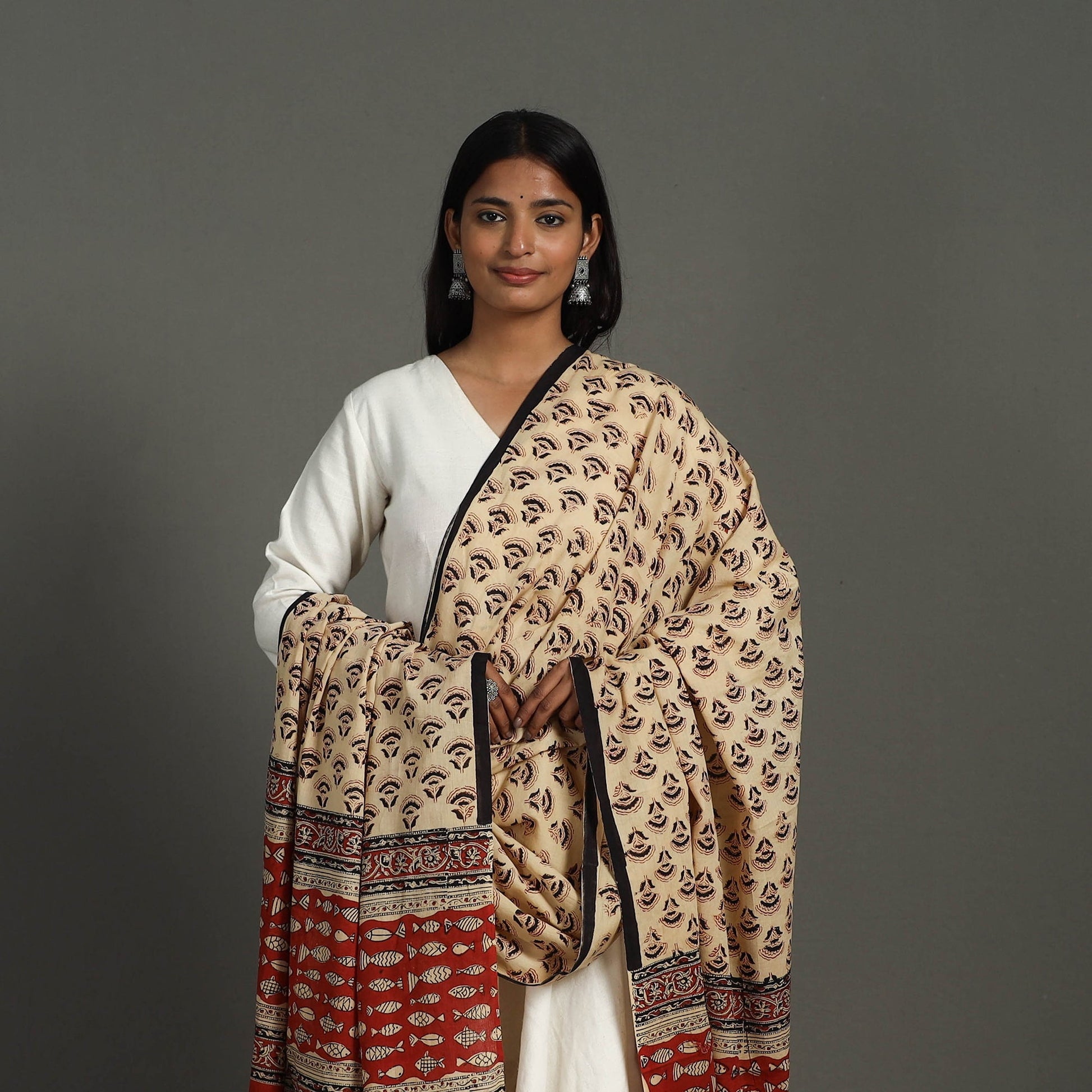 Beige - Block Print Mul Cotton Bagru Dupatta 29