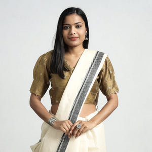 Brown - Polka Dot Zari Buti Viscose Silk Stitched V Neck Blouse