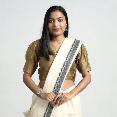 Brown - Polka Dot Zari Buti Viscose Silk Stitched V Neck Blouse