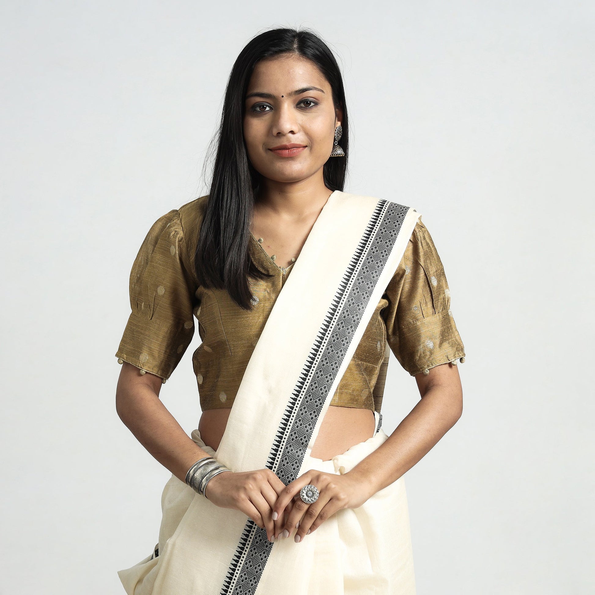 Brown - Polka Dot Zari Buti Viscose Silk Stitched V Neck Blouse