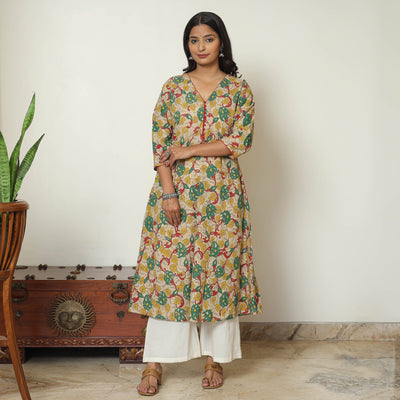 Beige - Kalamkari Printed Cotton A-Line Long Kurta 06