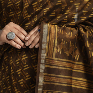 Brown - Akola Hand Block Printed Chanderi Silk Saree with Zari Border