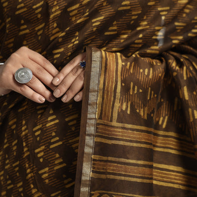 Brown - Akola Hand Block Printed Chanderi Silk Saree with Zari Border