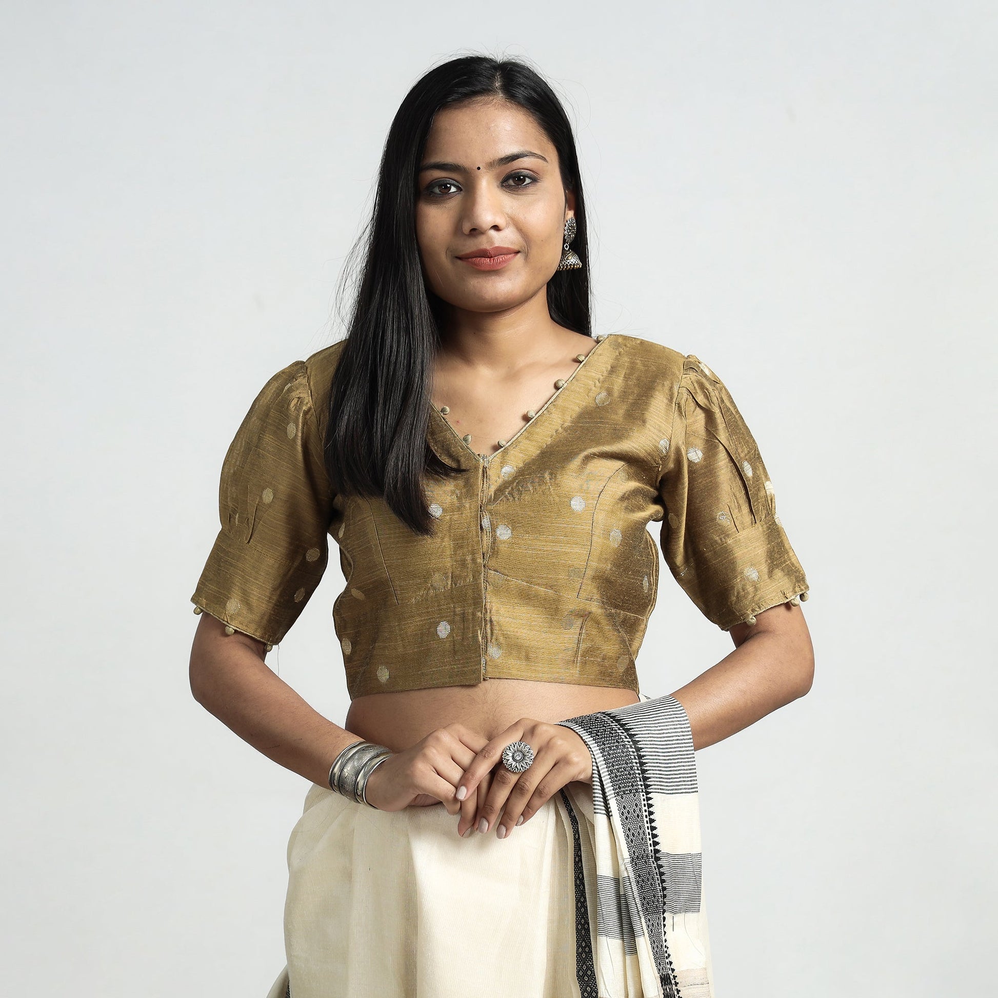 Brown - Polka Dot Zari Buti Viscose Silk Stitched V Neck Blouse