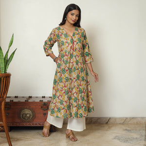 Beige - Kalamkari Printed Cotton A-Line Long Kurta 06