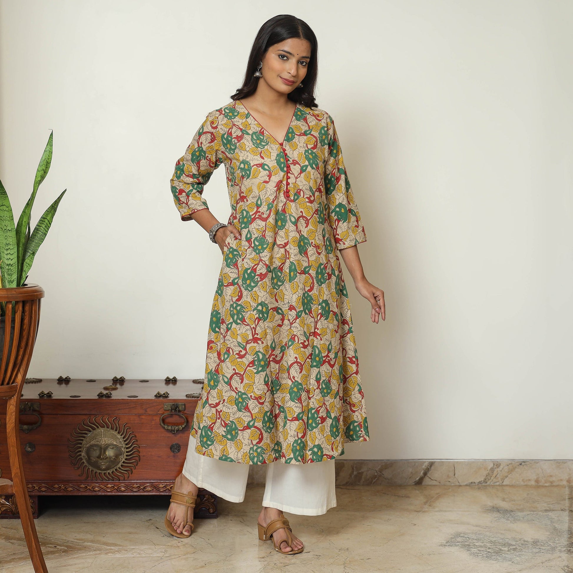 Beige - Kalamkari Printed Cotton A-Line Long Kurta 06