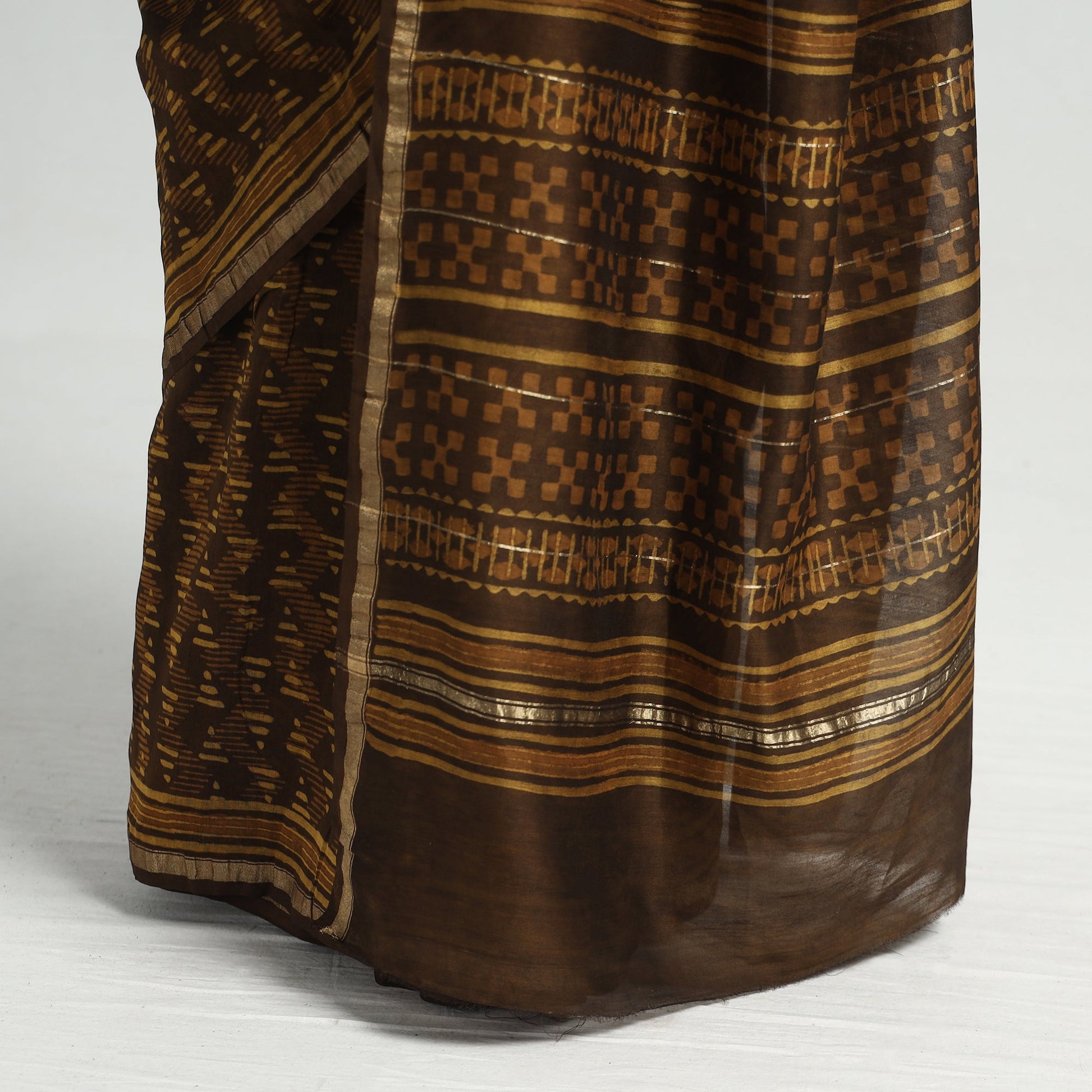 Brown - Akola Hand Block Printed Chanderi Silk Saree with Zari Border