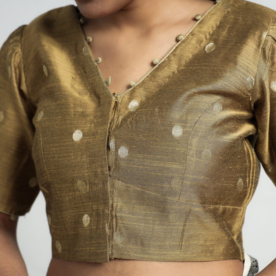 Brown - Polka Dot Zari Buti Viscose Silk Stitched V Neck Blouse