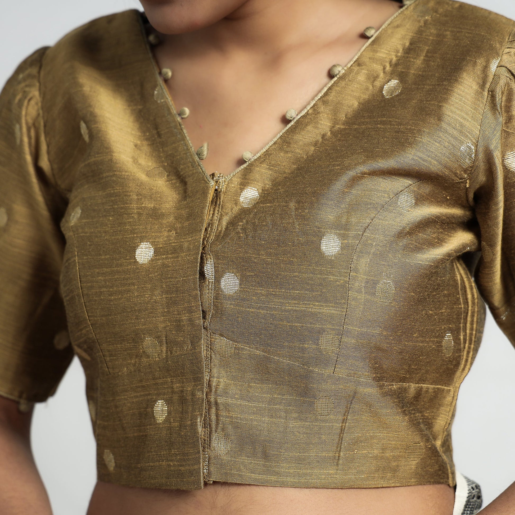 Brown - Polka Dot Zari Buti Viscose Silk Stitched V Neck Blouse