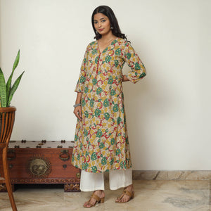 Beige - Kalamkari Printed Cotton A-Line Long Kurta 06
