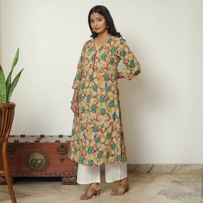 Beige - Kalamkari Printed Cotton A-Line Long Kurta 06