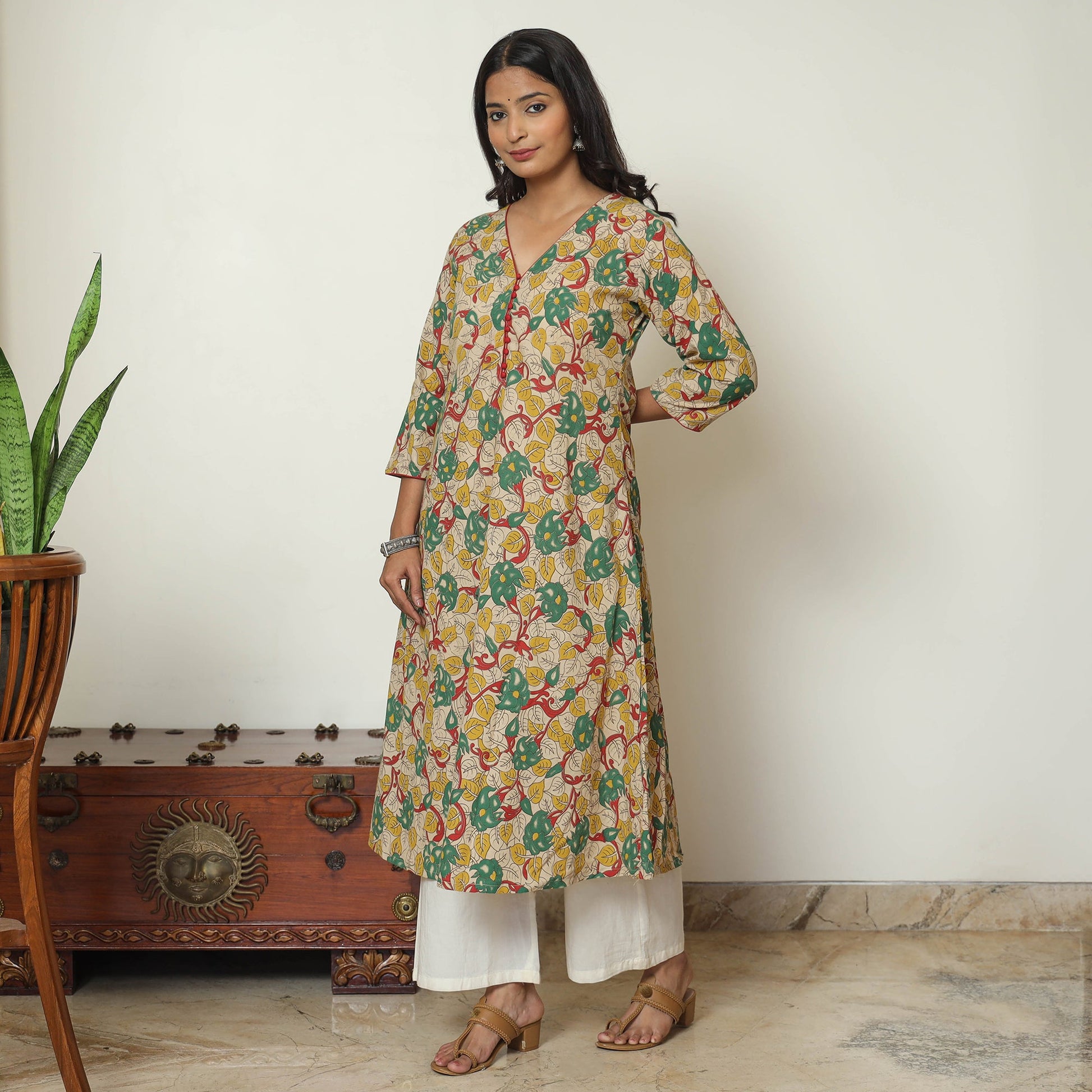 Beige - Kalamkari Printed Cotton A-Line Long Kurta 06