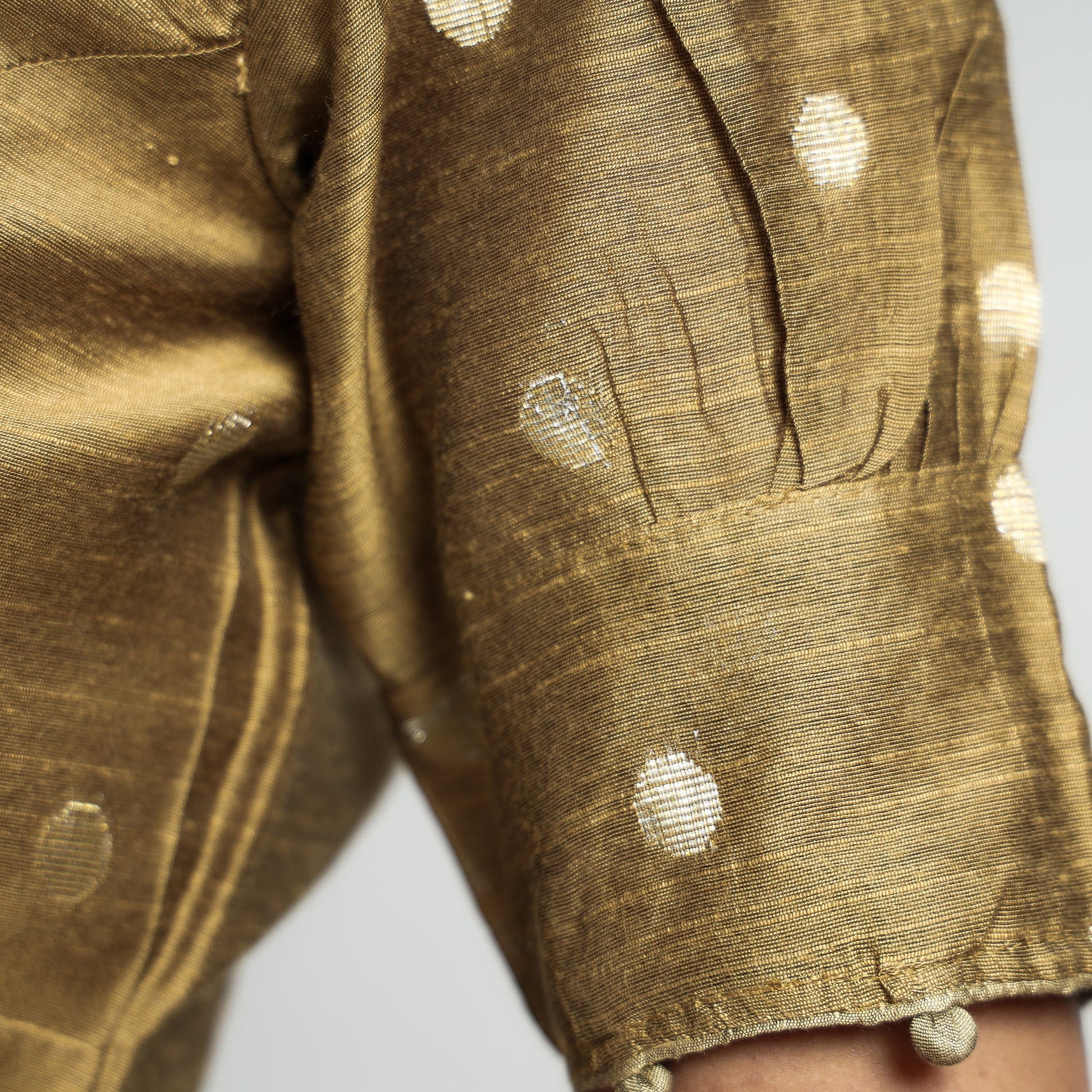 Brown - Polka Dot Zari Buti Viscose Silk Stitched V Neck Blouse