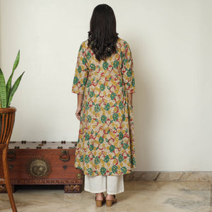 Beige - Kalamkari Printed Cotton A-Line Long Kurta 06