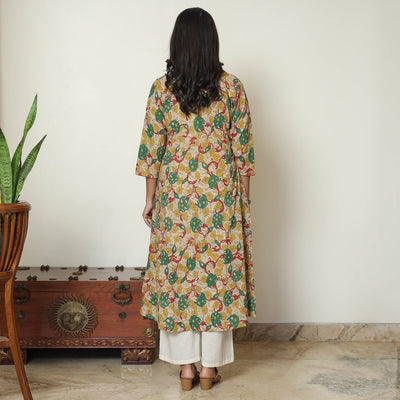 Beige - Kalamkari Printed Cotton A-Line Long Kurta 06