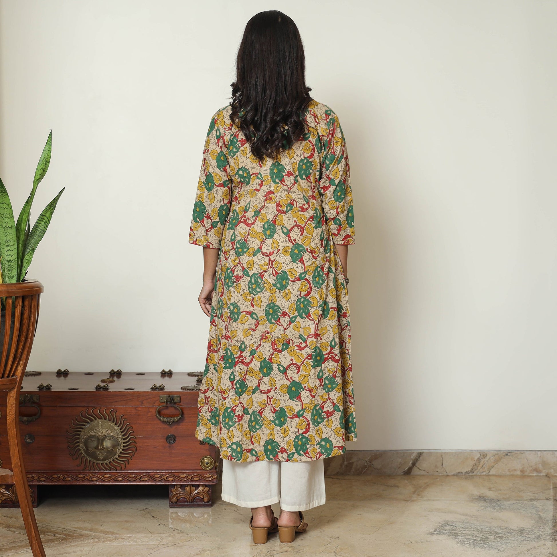 Beige - Kalamkari Printed Cotton A-Line Long Kurta 06