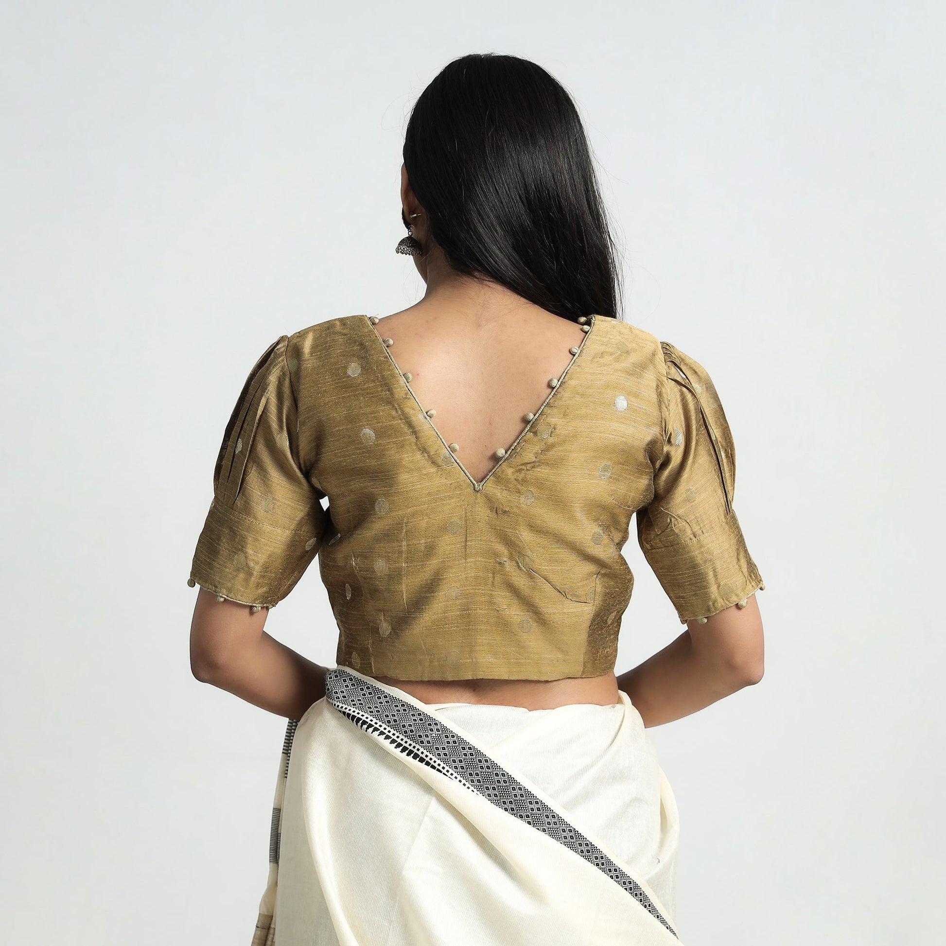 Brown - Polka Dot Zari Buti Viscose Silk Stitched V Neck Blouse