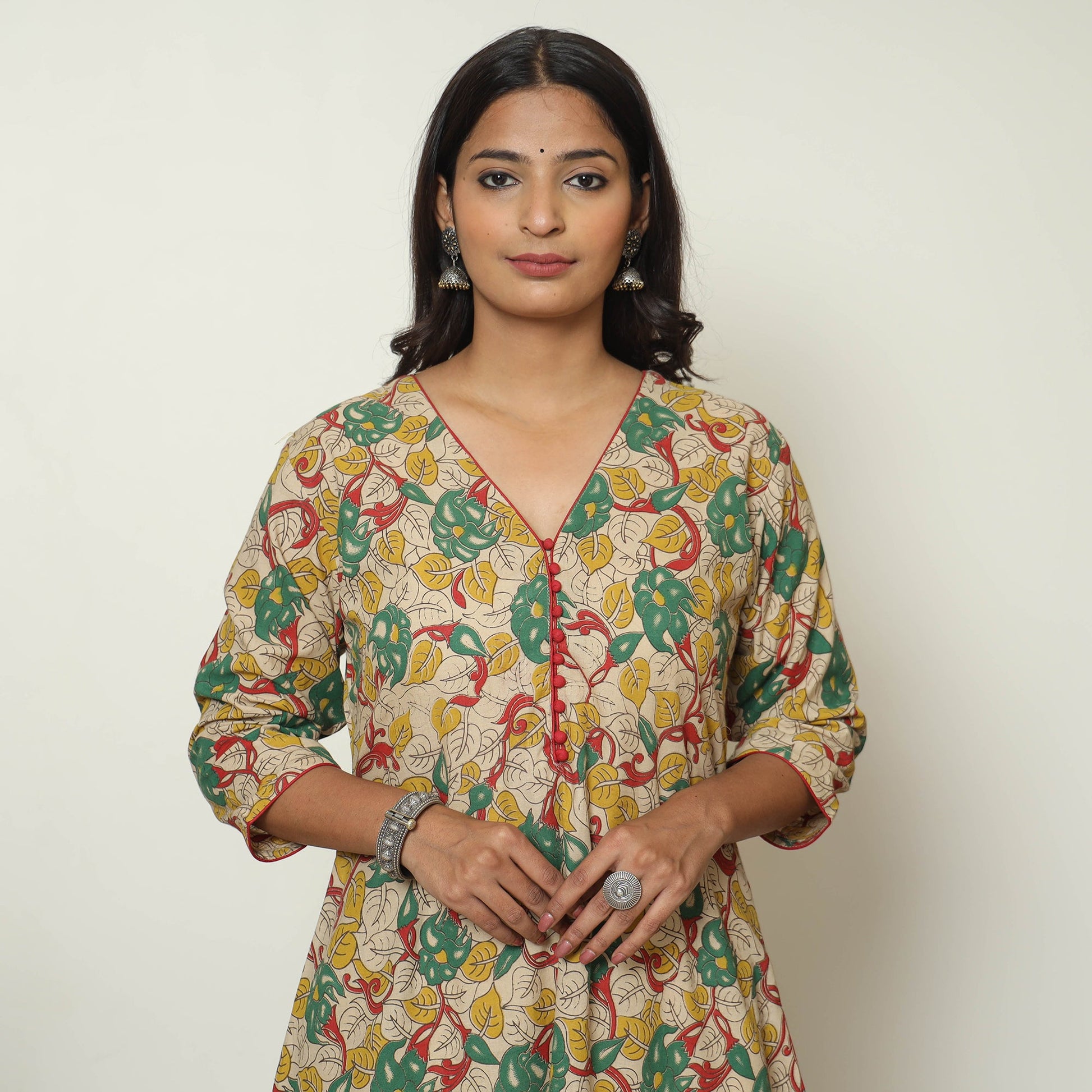 Beige - Kalamkari Printed Cotton A-Line Long Kurta 06