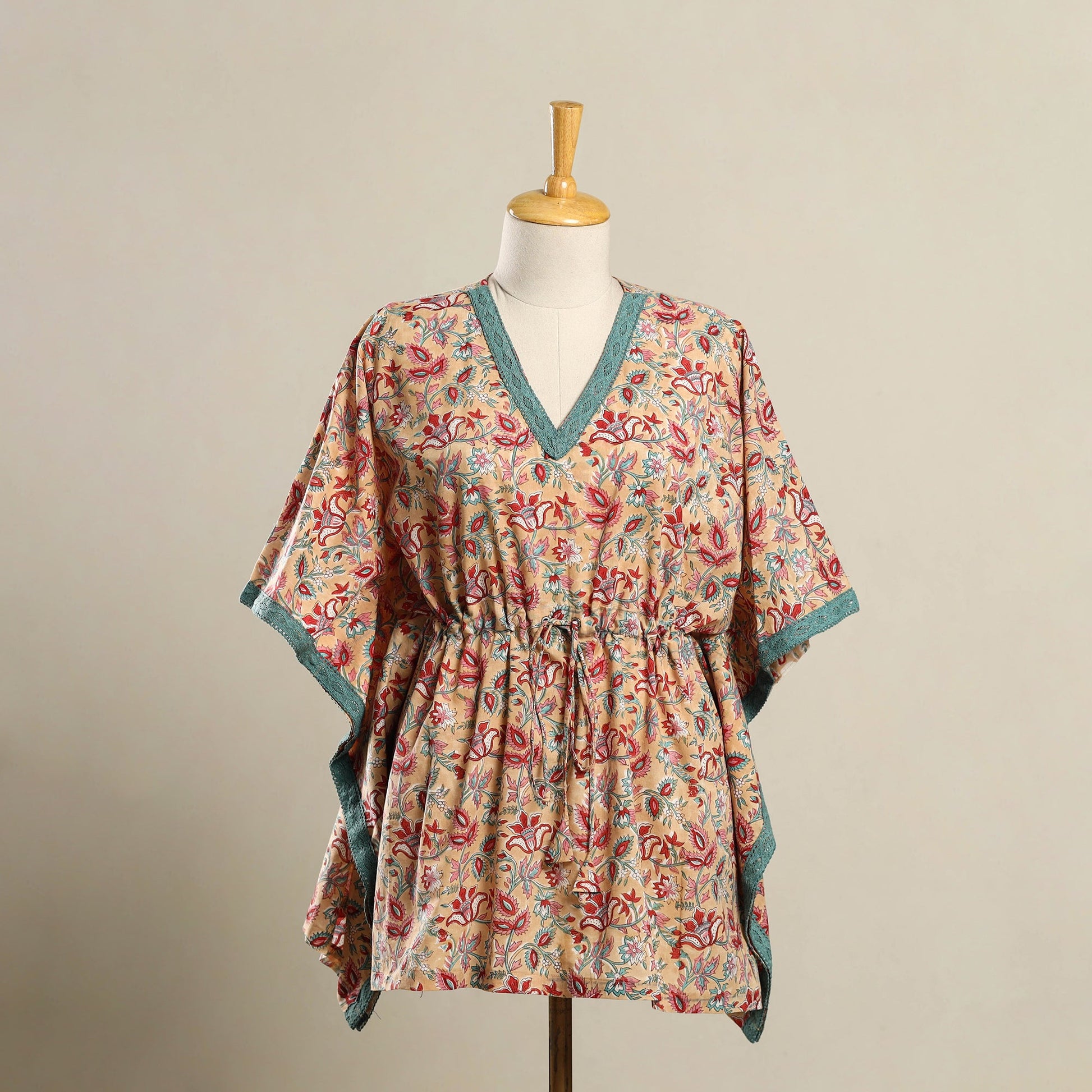Beige - Block Print Sanganeri Cotton Kaftan (Short) 09