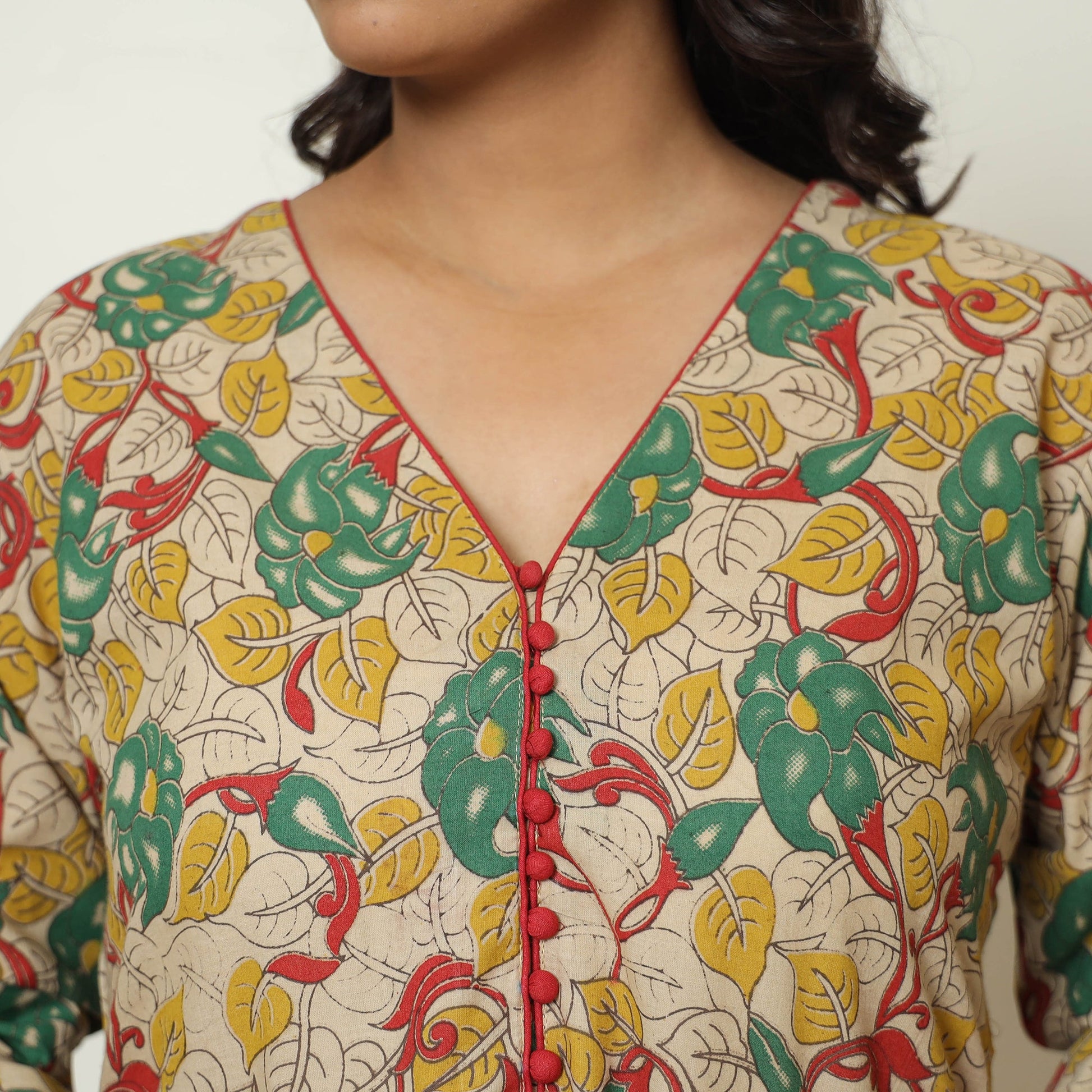 Beige - Kalamkari Printed Cotton A-Line Long Kurta 06