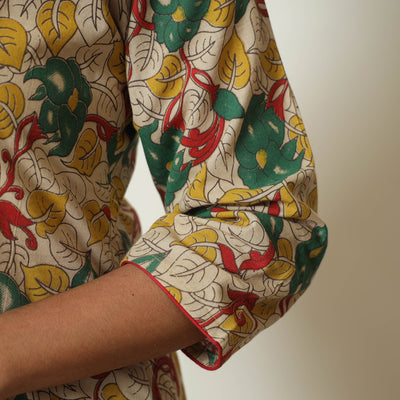 Beige - Kalamkari Printed Cotton A-Line Long Kurta 06