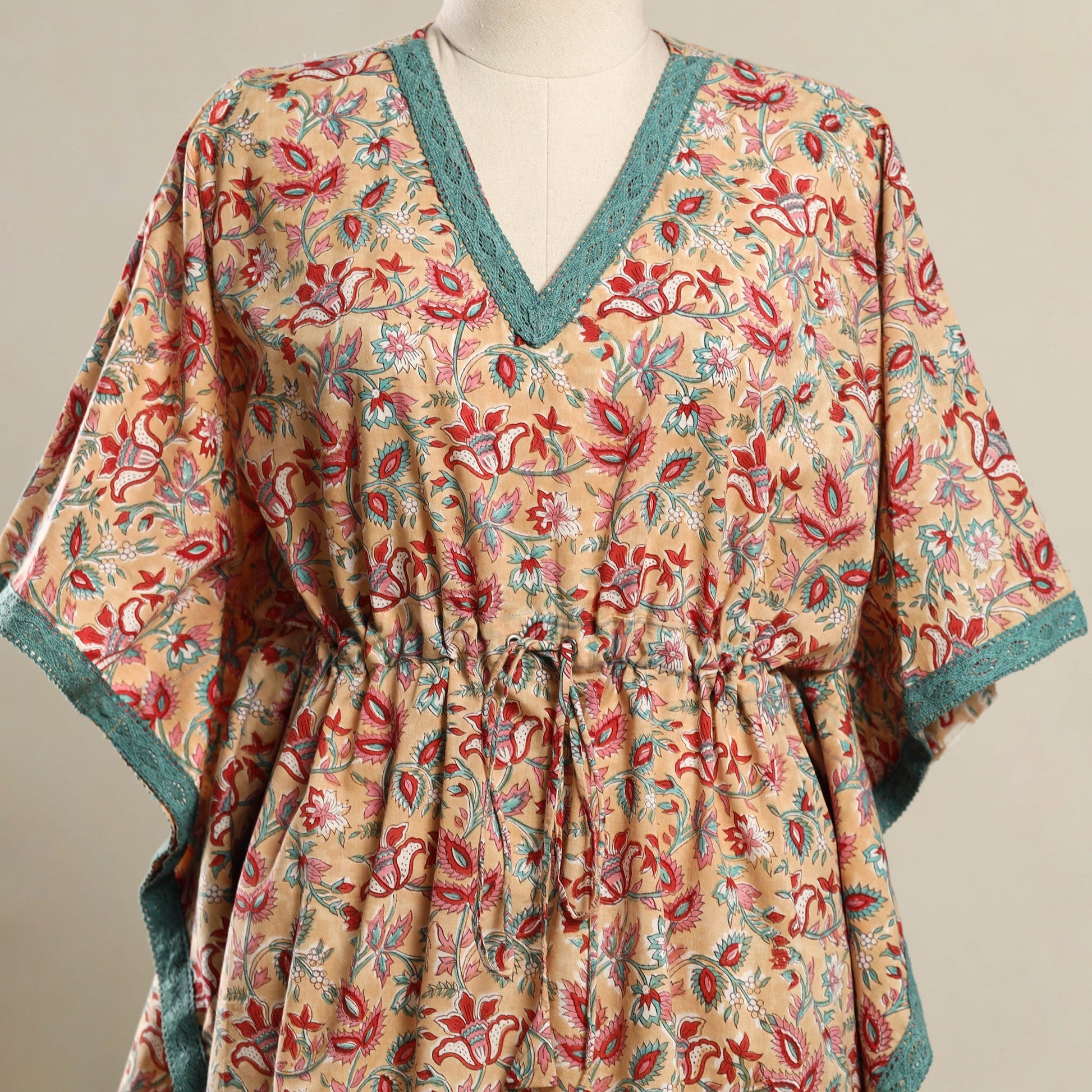Beige - Block Print Sanganeri Cotton Kaftan (Short) 09