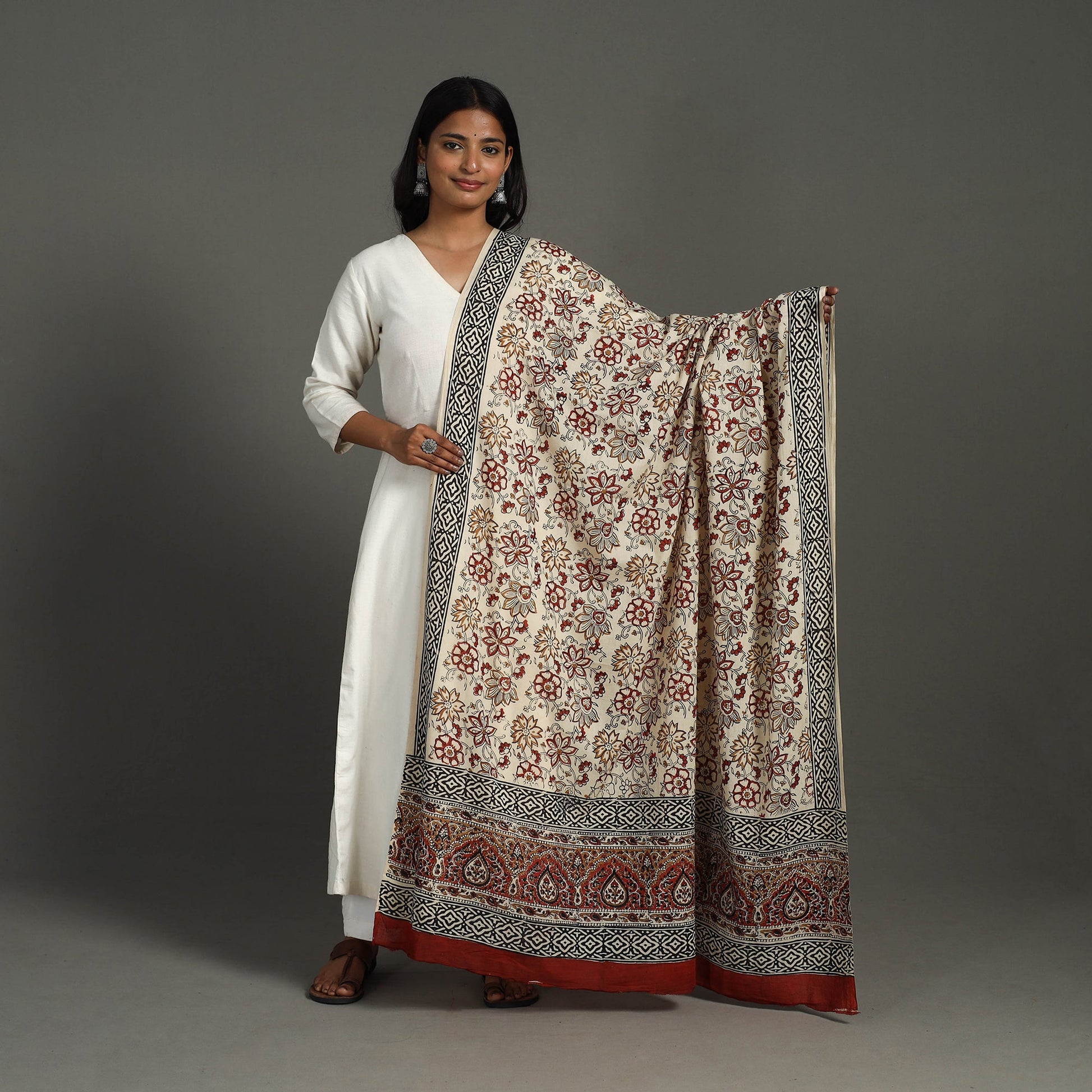 Beige - Block Printed Mul Cotton Bagru Dupatta 32