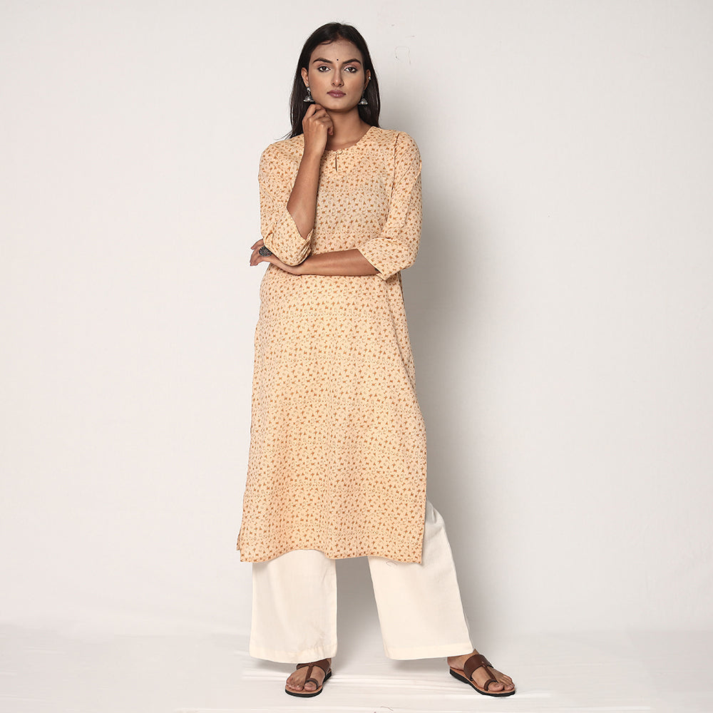 Beige - Tribal Motifs Hand Printed Cotton Casual Long Kurta