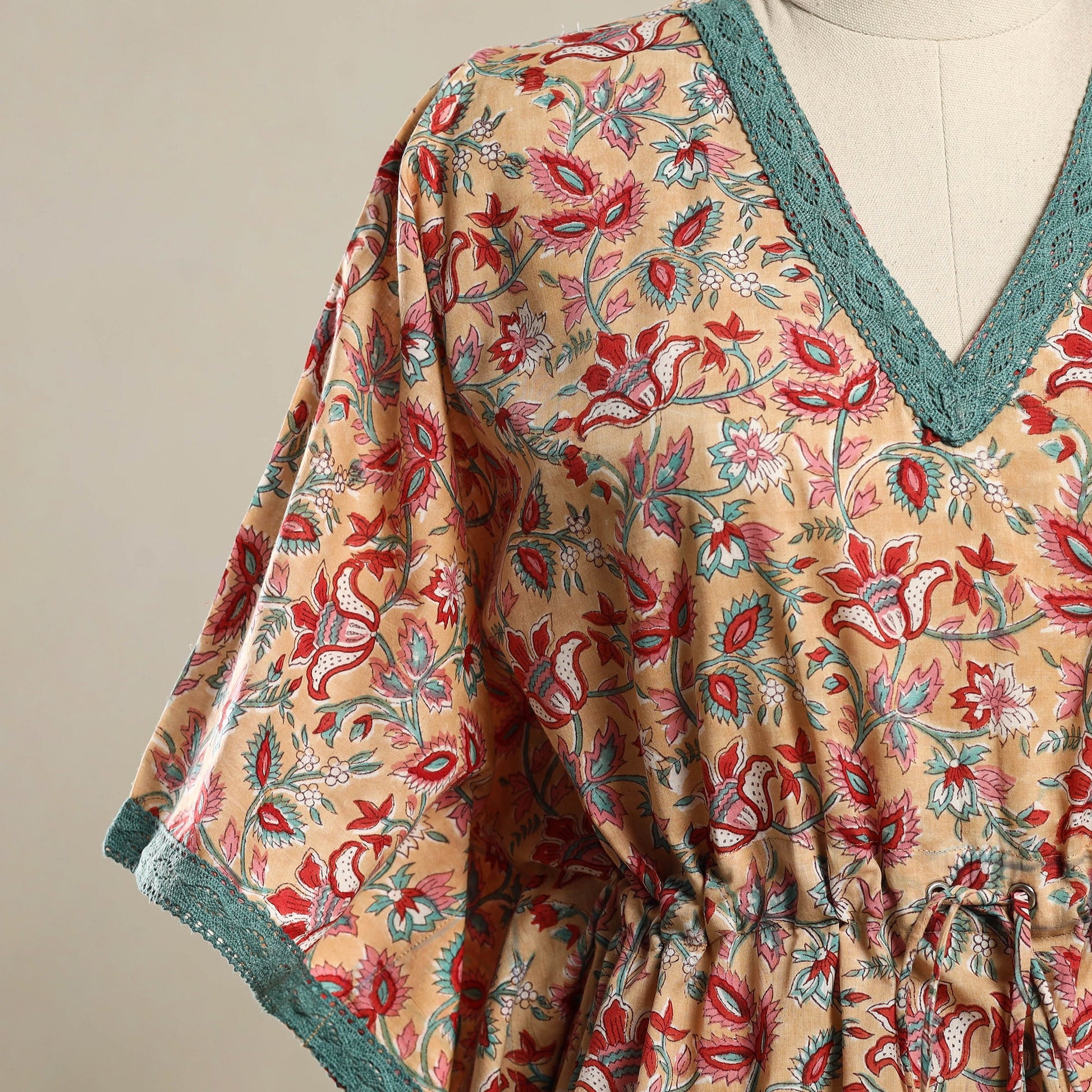 Beige - Block Print Sanganeri Cotton Kaftan (Short) 09