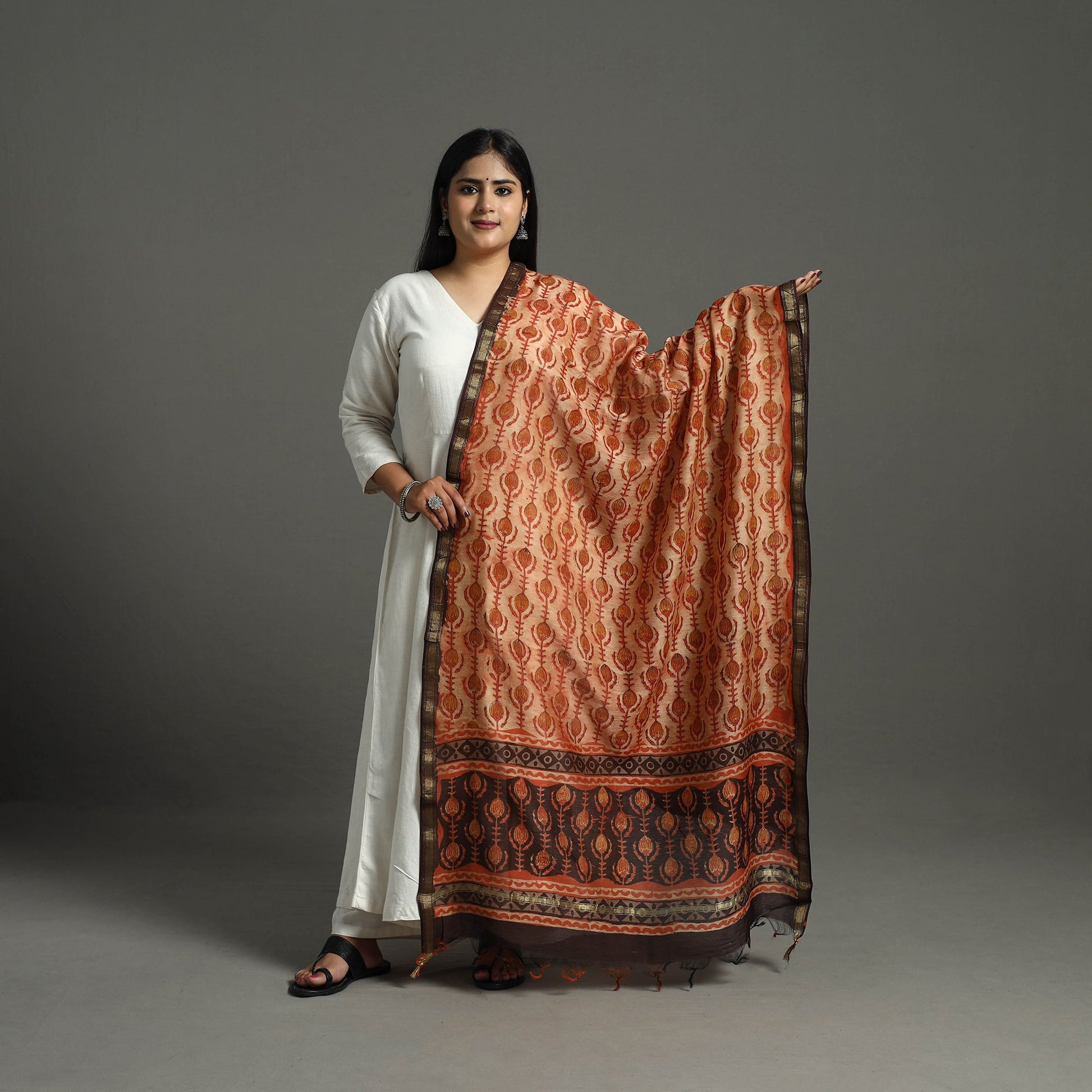 Brown - Block Print Chanderi Silk Ajrakh Dabu Bagru Dupatta 06