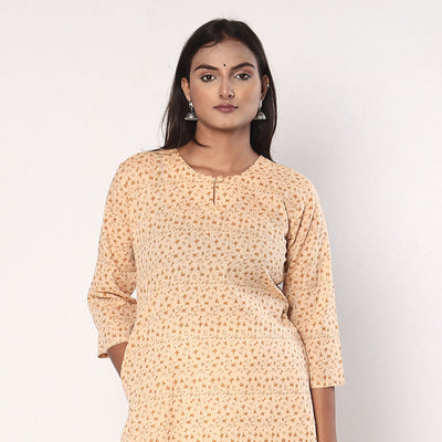 Beige - Tribal Motifs Hand Printed Cotton Casual Long Kurta