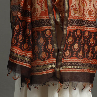 Brown - Block Print Chanderi Silk Ajrakh Dabu Bagru Dupatta 06