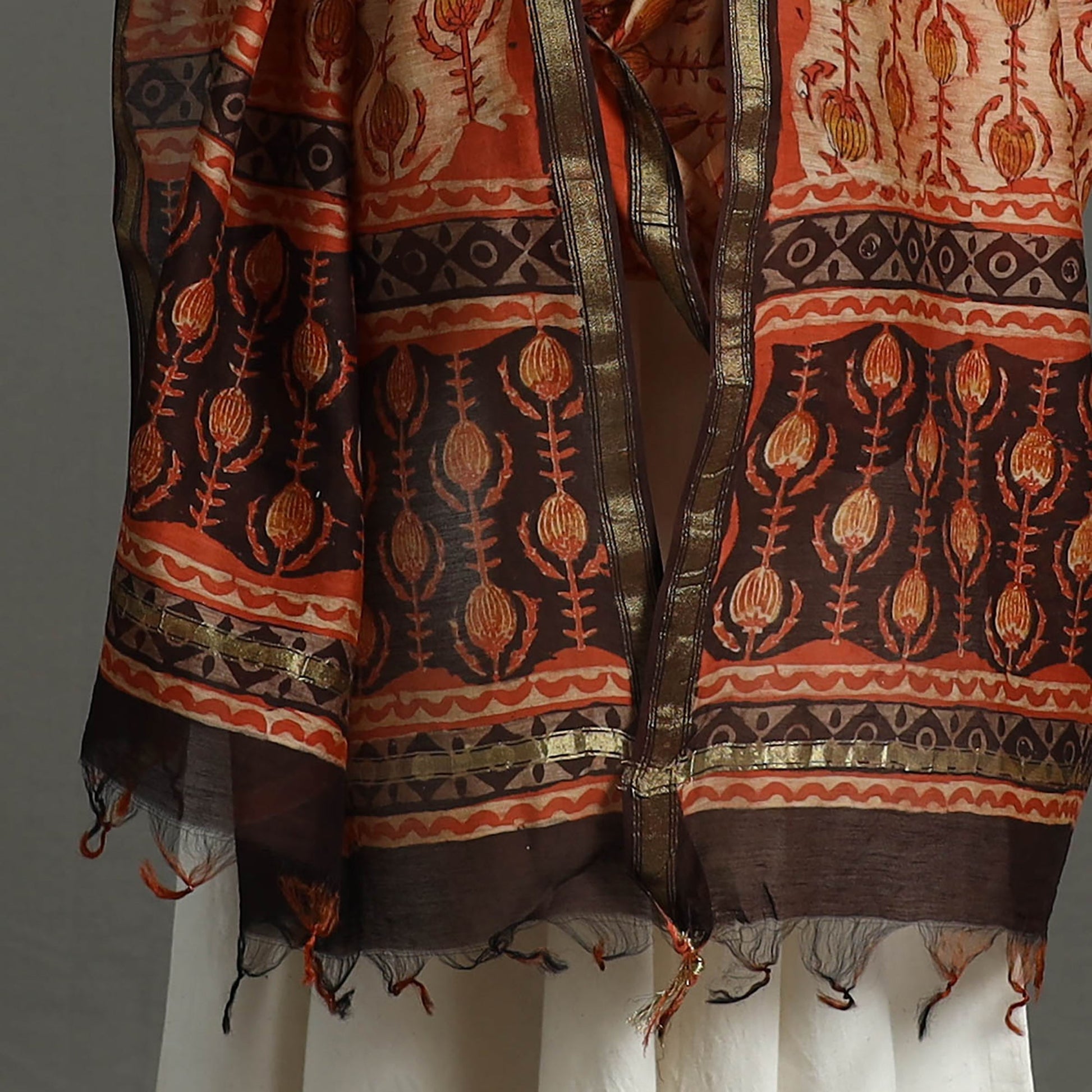 Brown - Block Print Chanderi Silk Ajrakh Dabu Bagru Dupatta 06